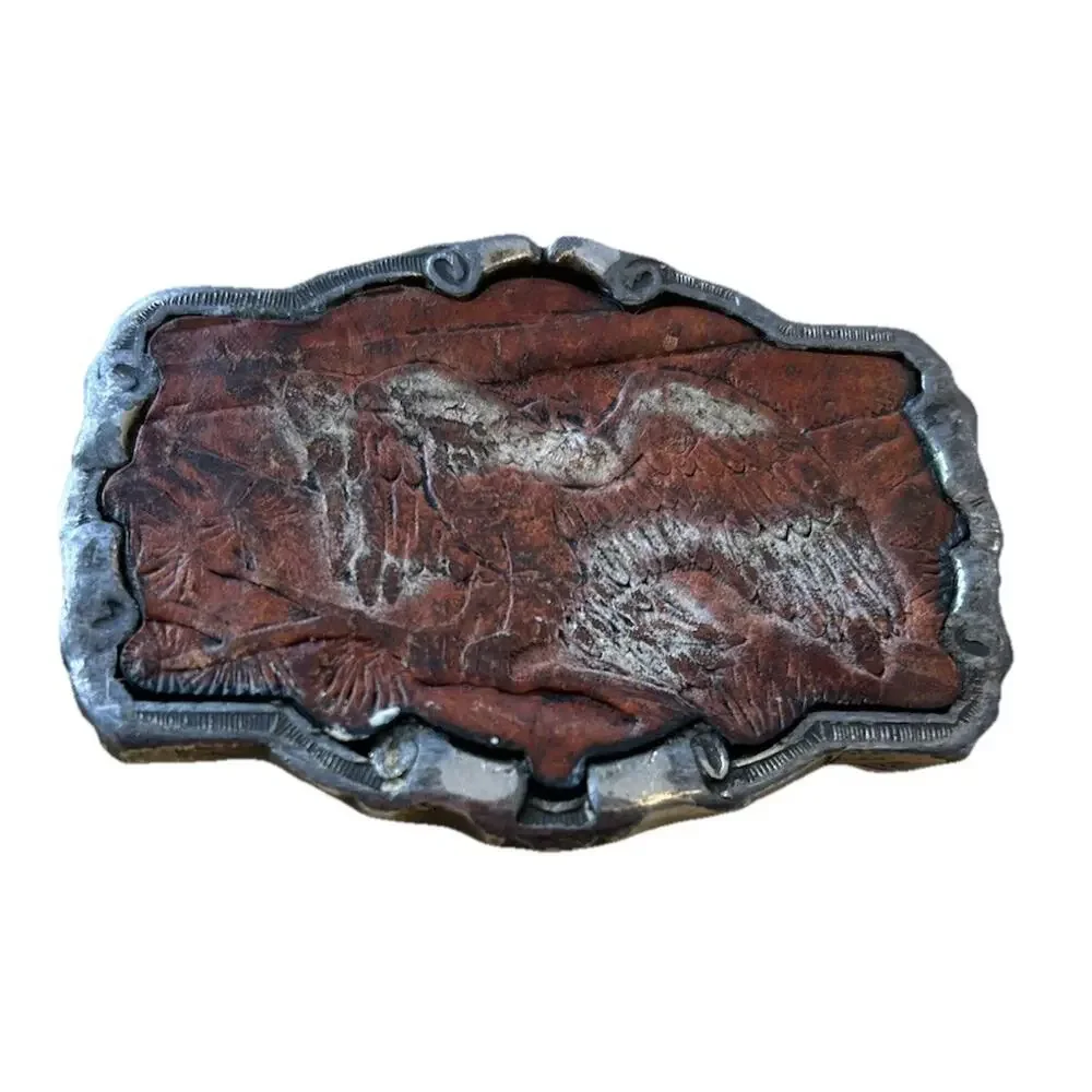 2 VTG EAGLE Belt Buckle Embossed Leather & Silver Turquoise USA American HEAVY